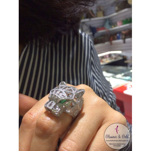 Кольцо Cartier Panthere белое крупное с камнями