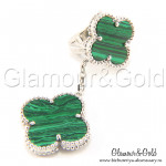 Серьги Van Cleef 2 мотива зеленые в белом
