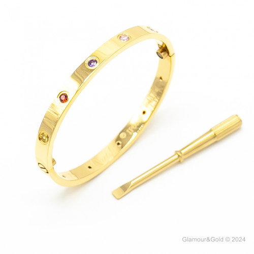 Браслет Cartier LOVE желтый классический с цветными камнями