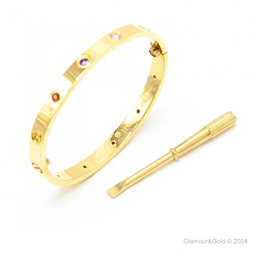 Браслет Cartier LOVE желтый классический с цветными камнями