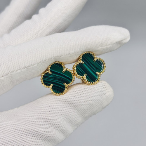 Серьги Van Cleef 1 мотив зеленые в желтом