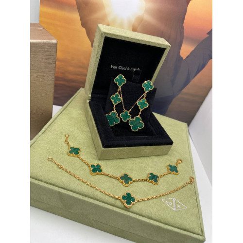 Серьги Van Cleef 3 мотива зеленые в желтом