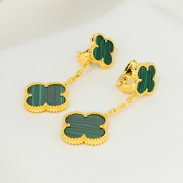 Серьги Van Cleef 2 мотива зеленые в желтом