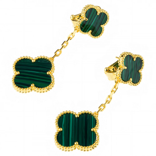 Серьги Van Cleef 2 мотива зеленые в желтом