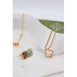 Комплект Van Cleef Alhambra Mini темный перламутр, желтый металл (серьги, кулон)