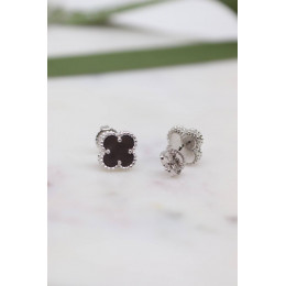 Комплект Van Cleef Alhambra Mini темный перламутр, белый металл (серьги, кулон)