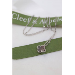 Комплект Van Cleef Alhambra Mini темный перламутр, белый металл (серьги, кулон)