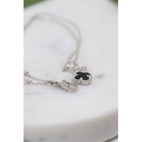 Комплект Van Cleef Alhambra Mini темный перламутр, белый металл (серьги, кулон)