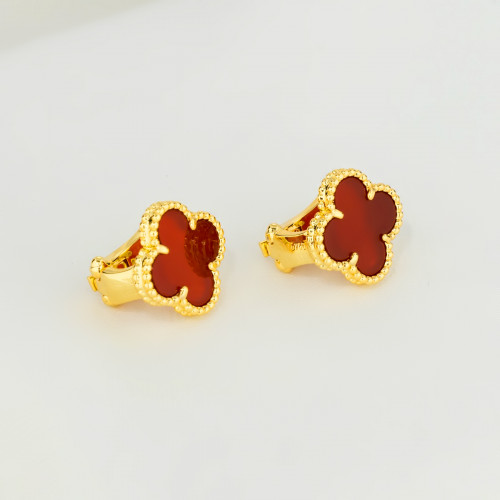 Серьги Van Cleef 1 мотив красные в желтом