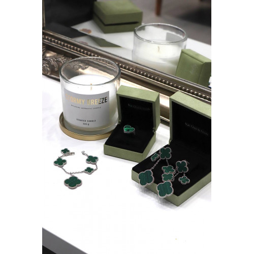 Комплект Van Cleef Alhambra, малахит (серьги, браслет, кольцо)