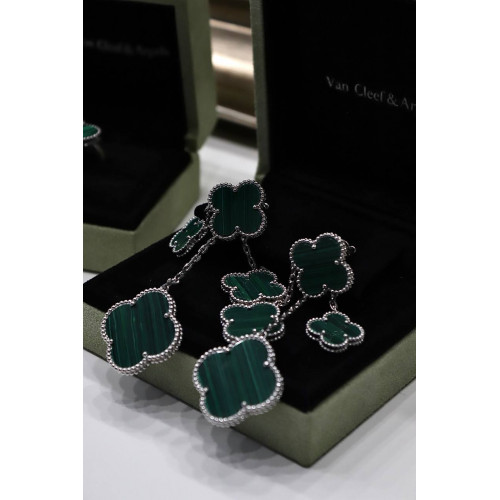 Комплект Van Cleef Alhambra, малахит (серьги, браслет, кольцо)