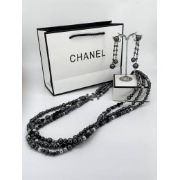 Комплект Chanel чёрный (длинные серьги, длинные бусы)