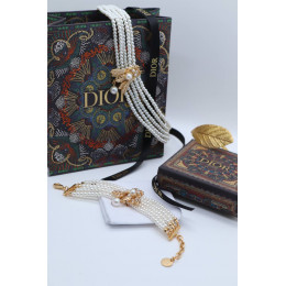 Комплект Dior с пчелкой, жемчужный (колье, браслет)