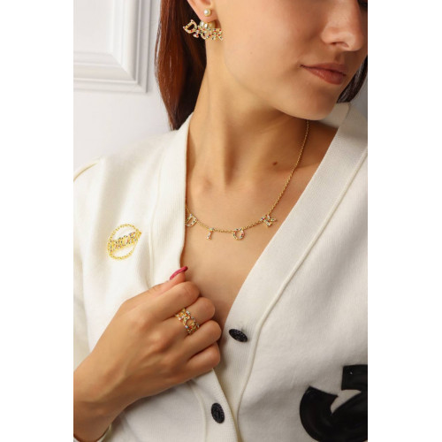 Комплект Dior с разноцветными камнями (серьги, кольцо, колье, брошь)