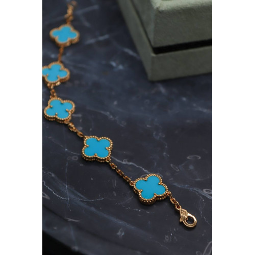 Браслет Van Cleef Alhambra 5 мотивов, голубой агат, желтый металл