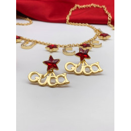 Комплект Gucci с красными звёздами (серьги, колье, браслет)
