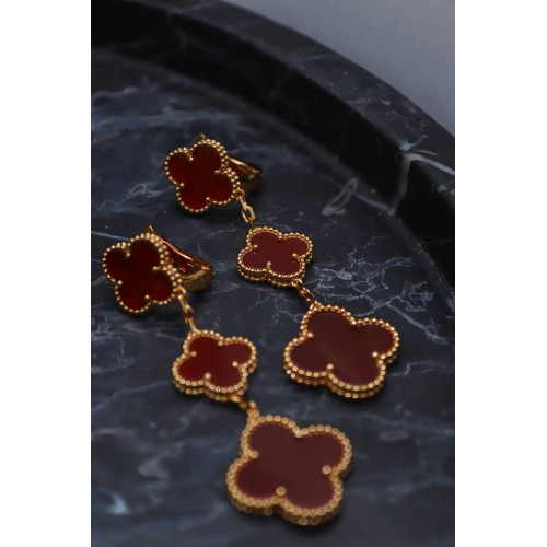 Серьги Van Cleef 3 мотива красные в желтом