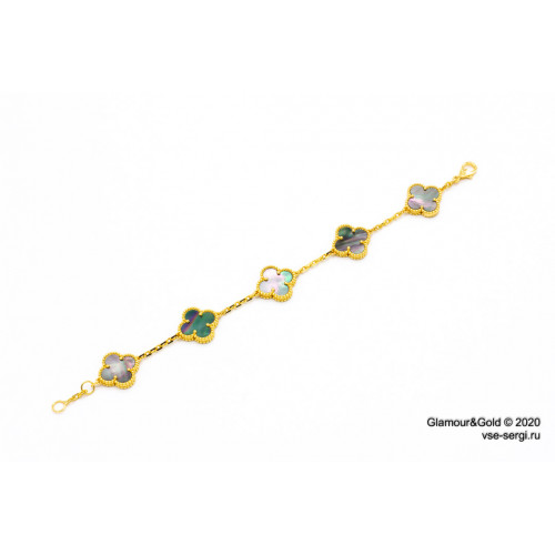 Браслет Van Cleef 5 мотивов темный перламутр в желтом