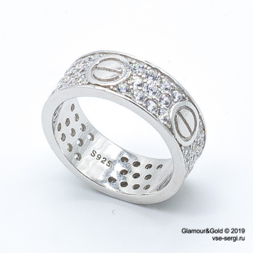 Кольцо Cartier Love белое широкое с камнями