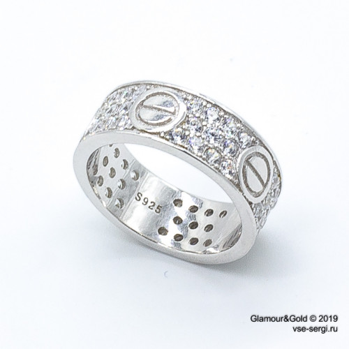 Кольцо Cartier Love белое широкое с камнями