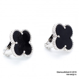 Серьги Van Cleef 1 мотив черные в белом