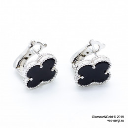 Серьги Van Cleef 1 мотив черные в белом