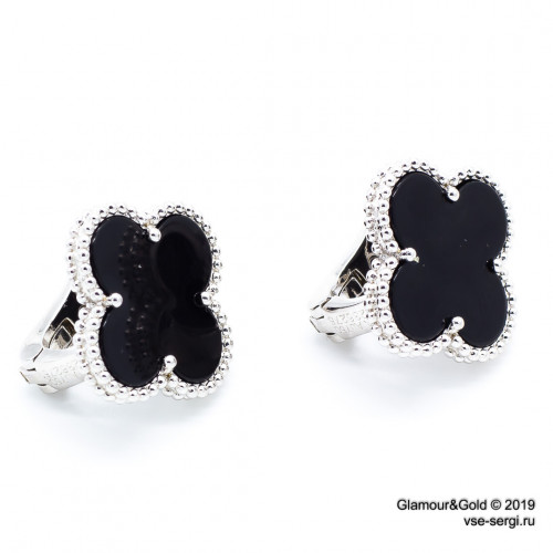 Серьги Van Cleef 1 мотив черные в белом