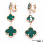 Серьги Van Cleef 3 мотива зеленые в розовом