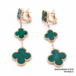Серьги Van Cleef 3 мотива зеленые в розовом