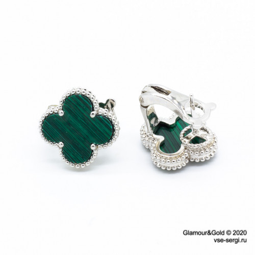 Серьги Van Cleef 1 мотив зеленые в белом
